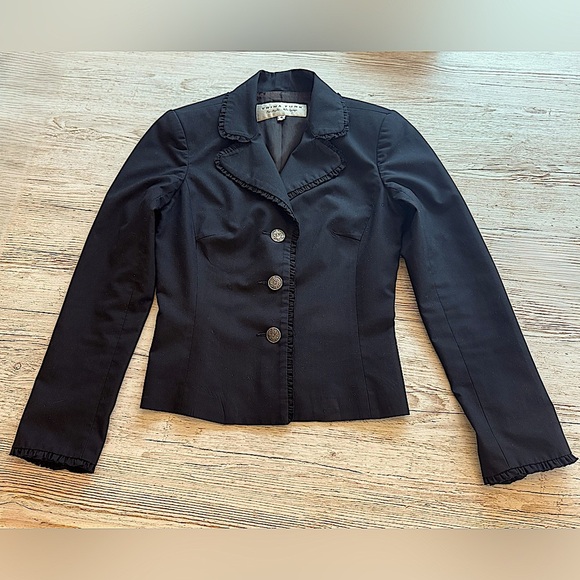 TRINA Turk Womens Ruffle Trim Black Blazer Jacket Lined 3 Silver Buttons 4 - Picture 14 of 14